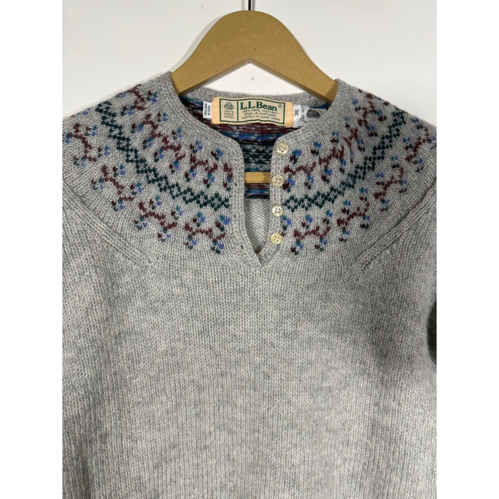 LL Bean Vintage Shetland Wool Fair Isle Henley Sweater Gray Womens 36